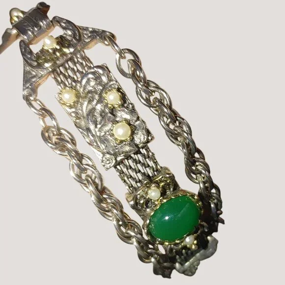 Bracelet Green Stone Cabochons Vintage Art Deco Silver Tone Faux Pearl Accents - Picture 8 of 9